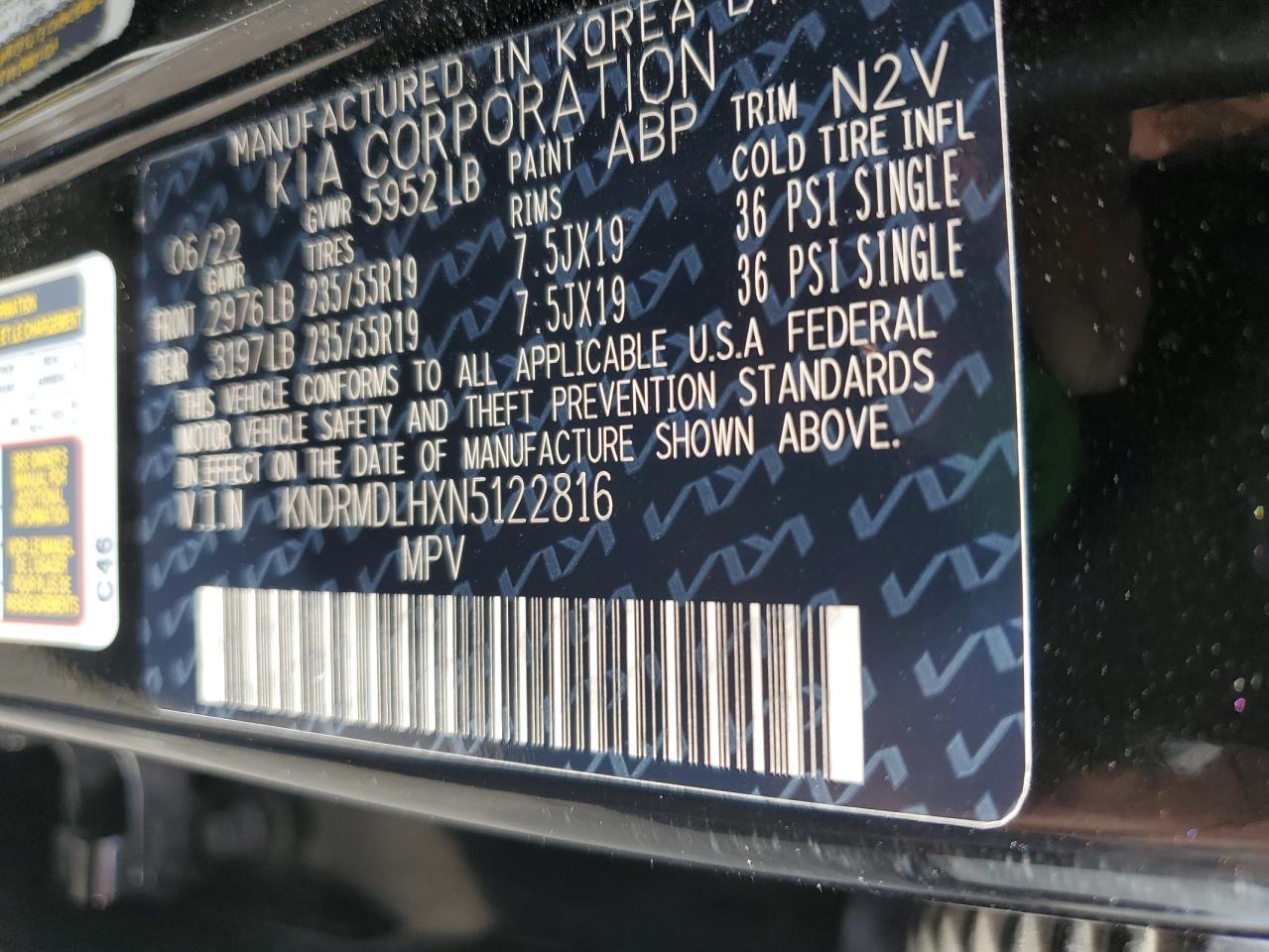 2022 KIA SORENTO SX PRESTIGE VIN:KNDRMDLHXN5122816