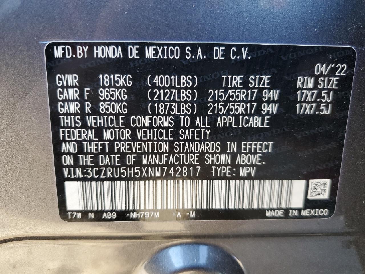 2022 HONDA HR-V EX VIN:3CZRU5H5XNM742817