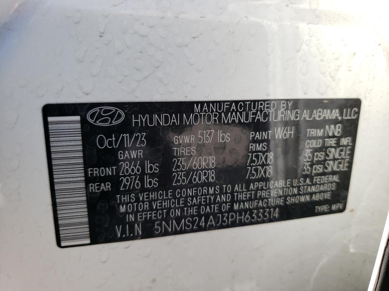 2023 HYUNDAI SANTA FE SEL VIN:5NMS24AJ3PH633314