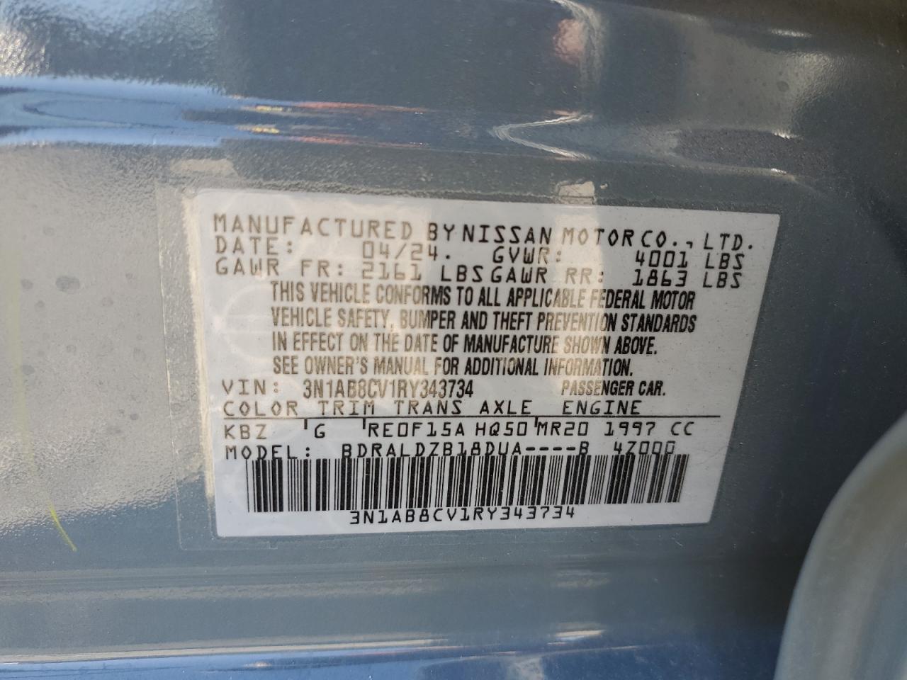2024 NISSAN SENTRA SV VIN:3N1AB8CV1RY343734