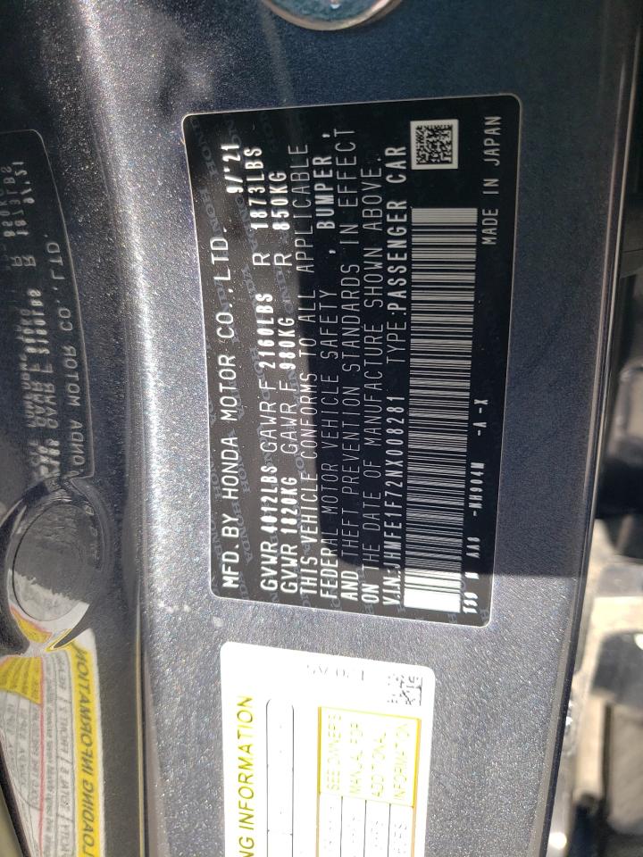 2022 HONDA CIVIC EX VIN:JHMFE1F72NX008281