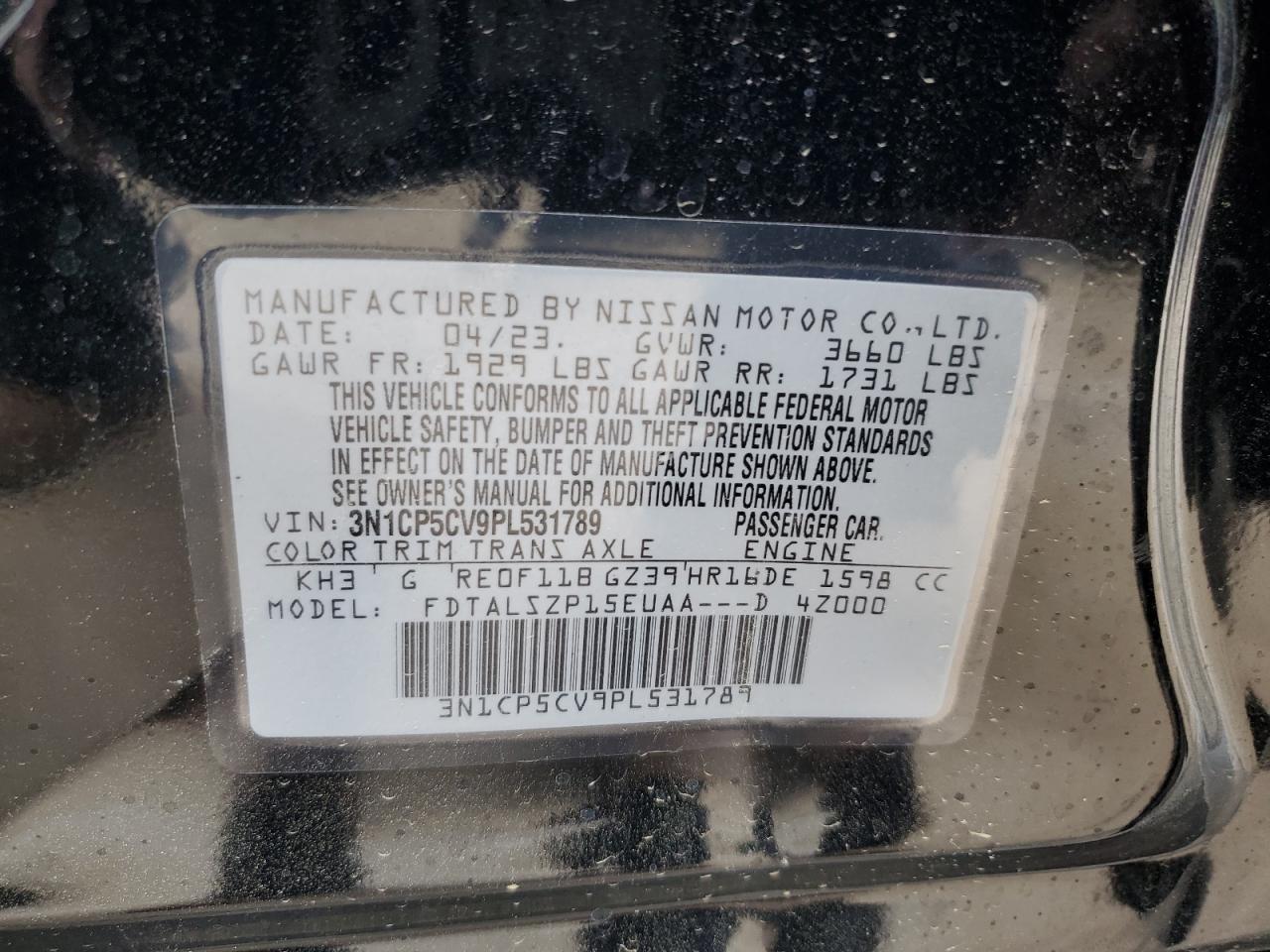 2023 NISSAN KICKS SV VIN:3N1CP5CV9PL531789