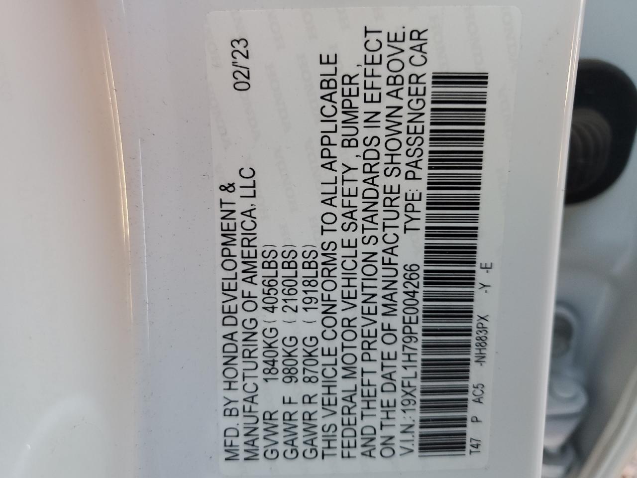2023 HONDA CIVIC EXL VIN:19XFL1H79PE004266
