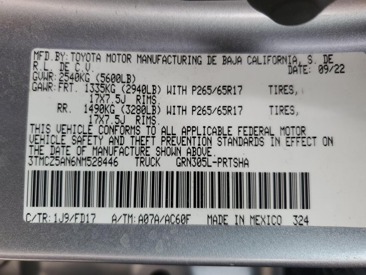 2022 TOYOTA TACOMA DOUBLE CAB VIN:3TMCZ5AN6NM528446