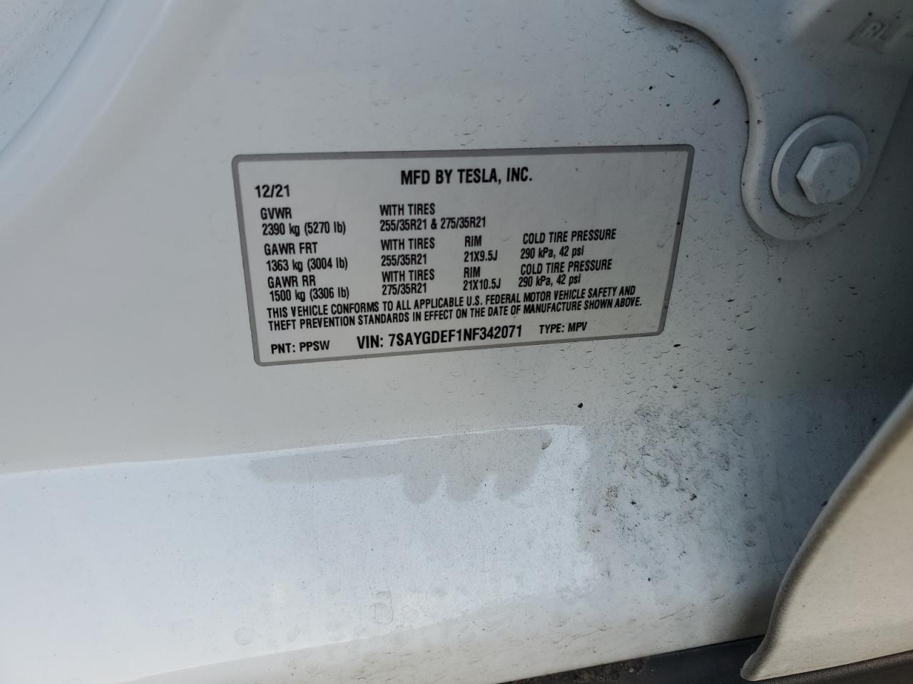 2022 TESLA MODEL Y  VIN:7SAYGDEF1NF342071