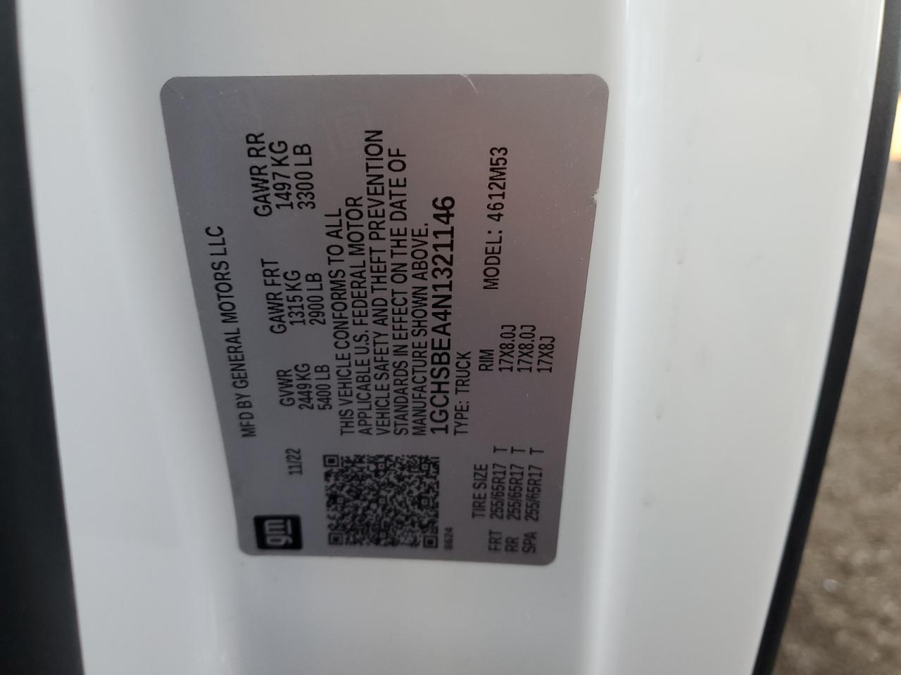 2022 CHEVROLET COLORADO  VIN:1GCHSBEA4N1321146