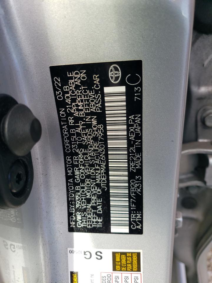 2022 TOYOTA COROLLA LE VIN:JTDEPMAE6N3017958