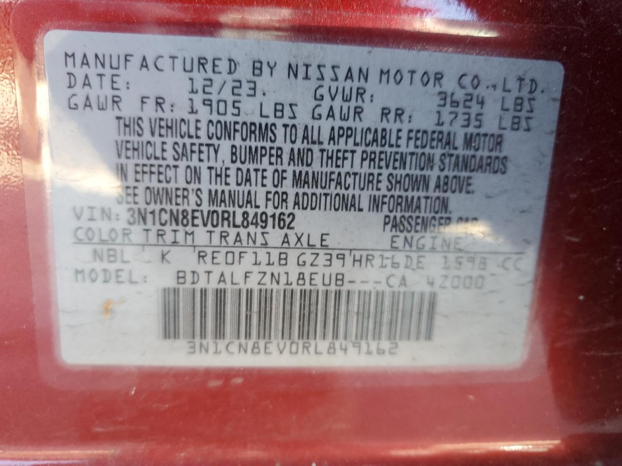 2024 NISSAN VERSA SV VIN:3N1CN8EV0RL849162