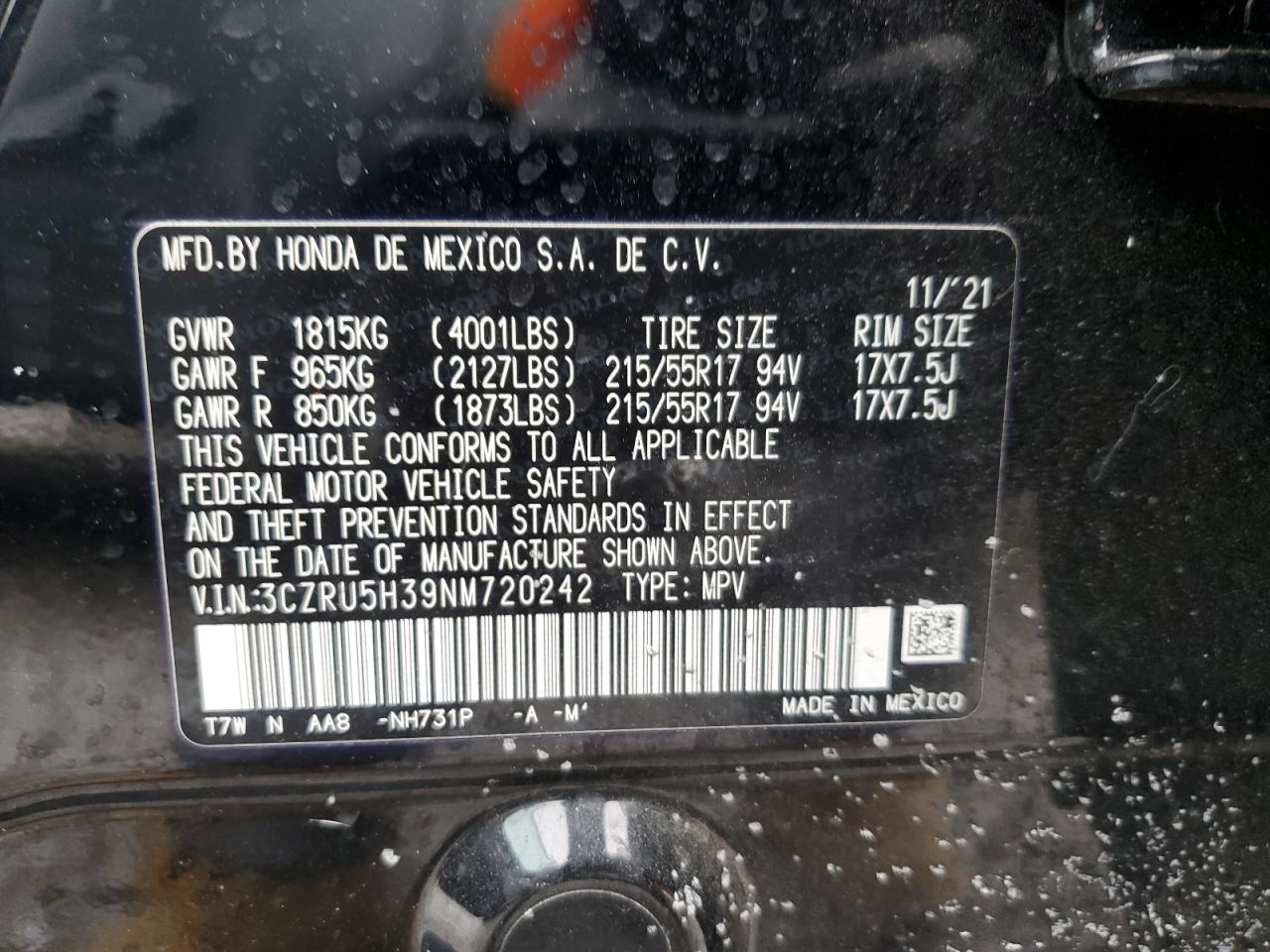 2022 HONDA HR-V LX VIN:3CZRU5H39NM720242