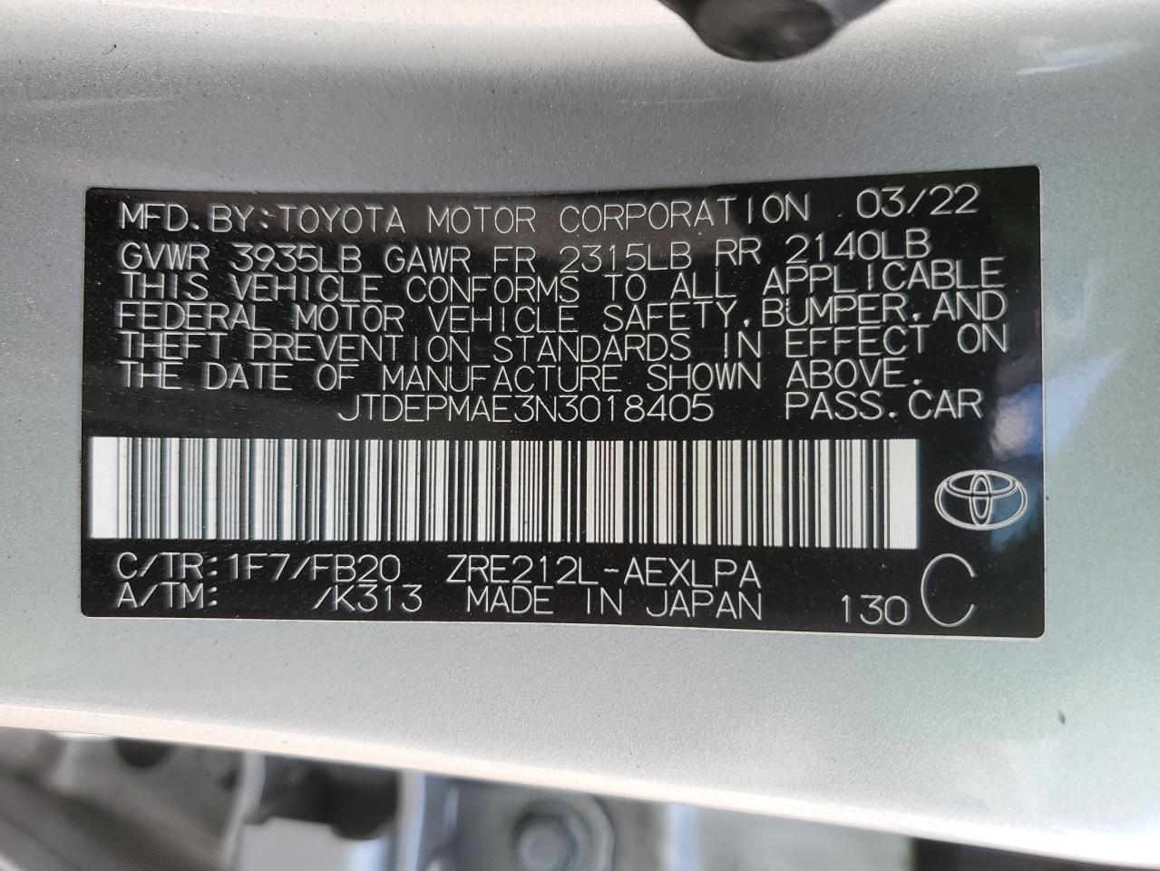 2022 TOYOTA COROLLA LE VIN:JTDEPMAE3N3018405
