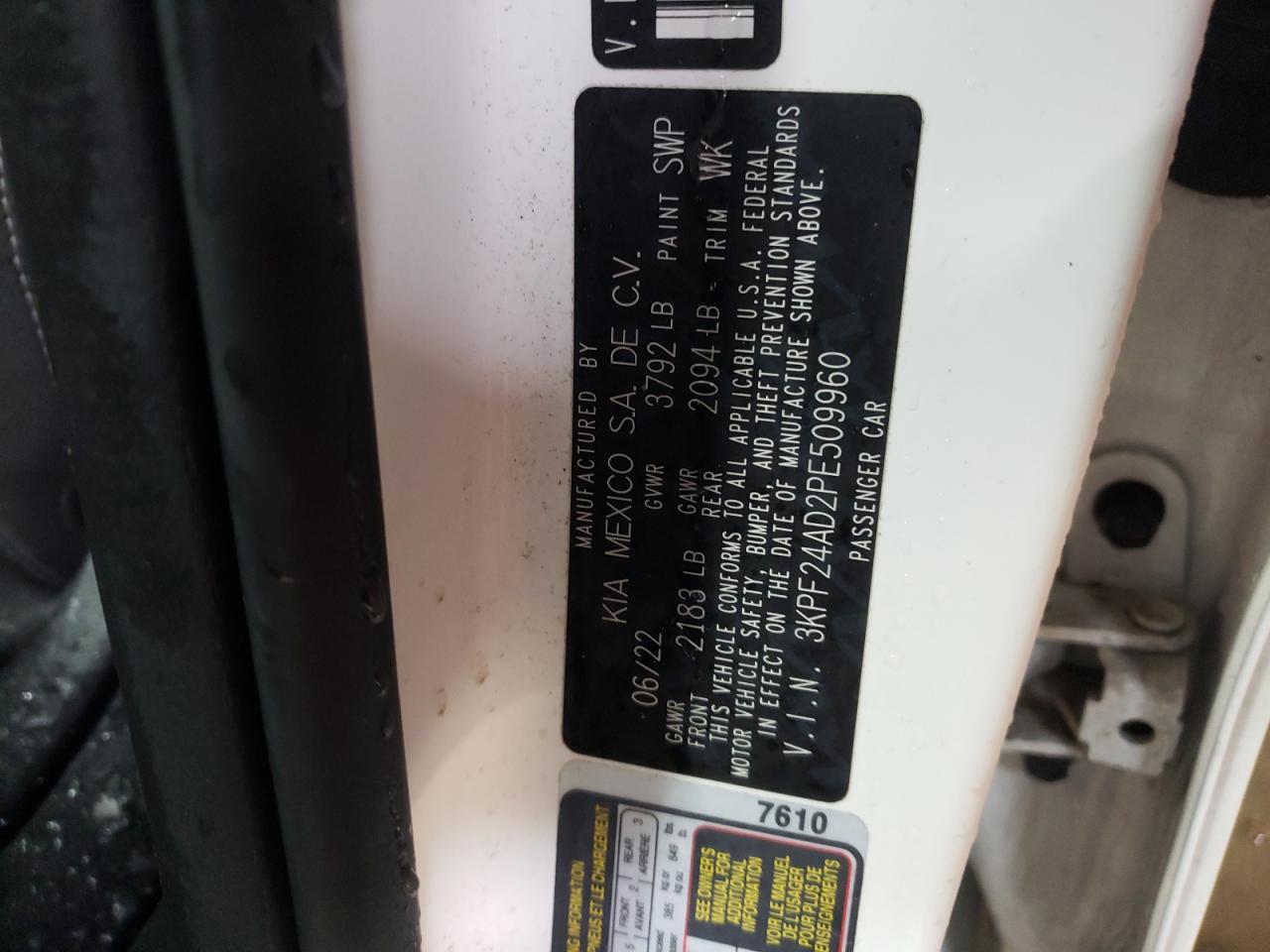 2023 KIA FORTE LX VIN:3KPF24AD2PE509960