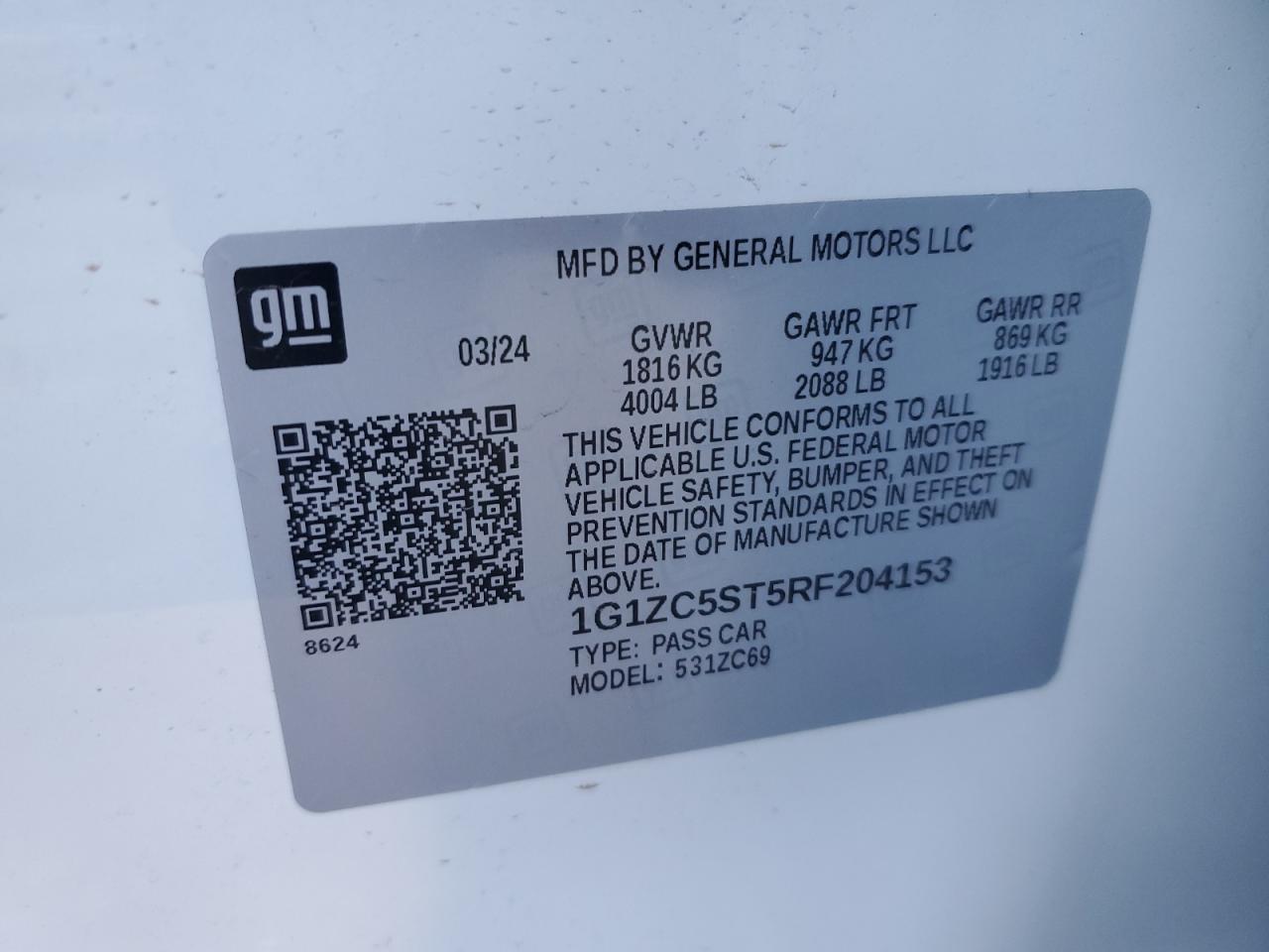 2024 CHEVROLET MALIBU LS VIN:1G1ZC5ST5RF204153