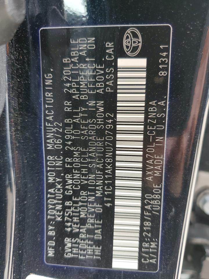 2022 TOYOTA CAMRY LE VIN:4T1C11AK8NU707942