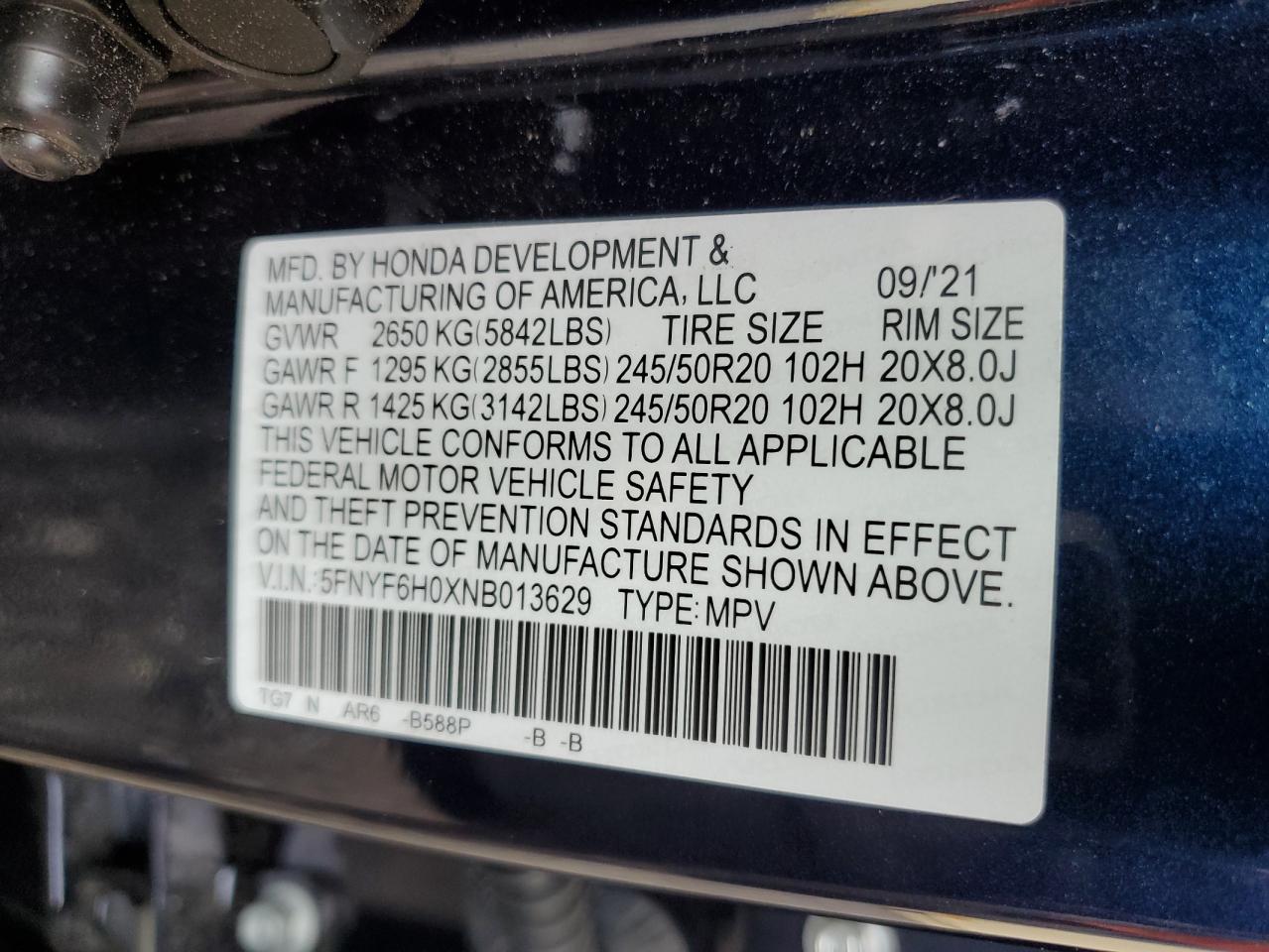 2022 HONDA PILOT ELITE VIN:5FNYF6H0XNB013629