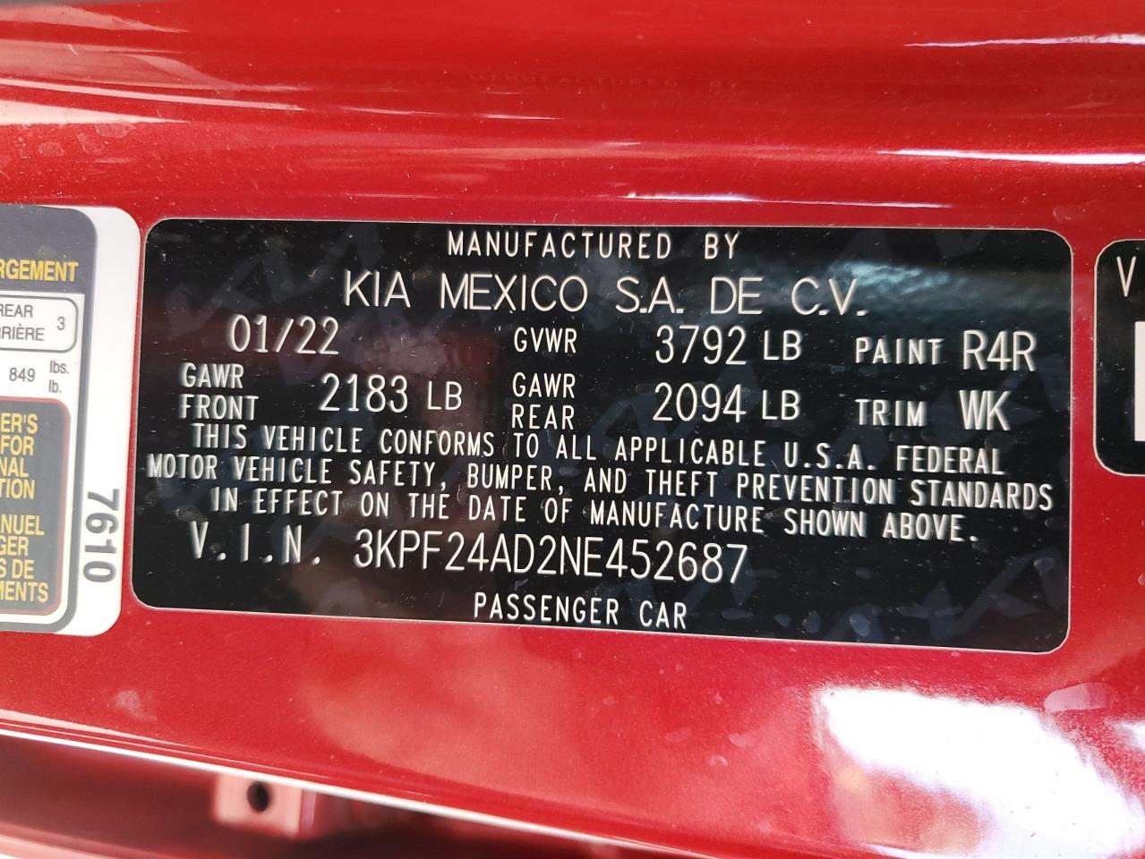 2022 KIA FORTE FE VIN:3KPF24AD2NE452687