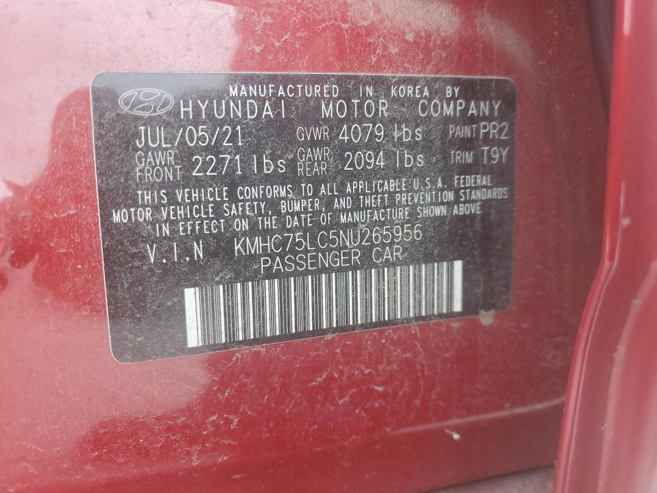 2022 HYUNDAI IONIQ SE VIN:KMHC75LC5NU265956
