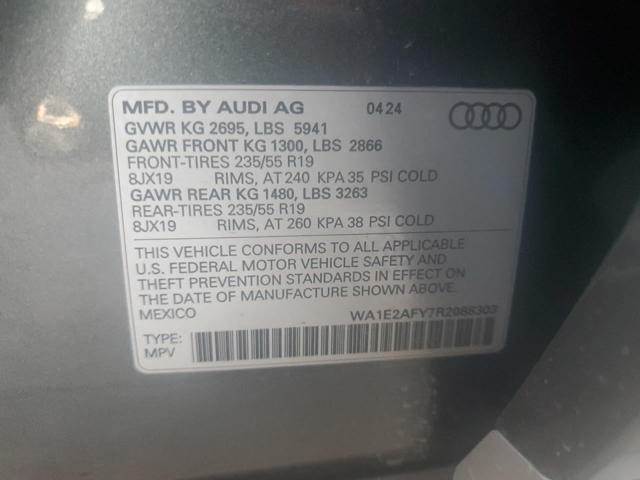 2024 AUDI Q5 E PREMIUM PLUS 55 VIN:WA1E2AFY7R2088303