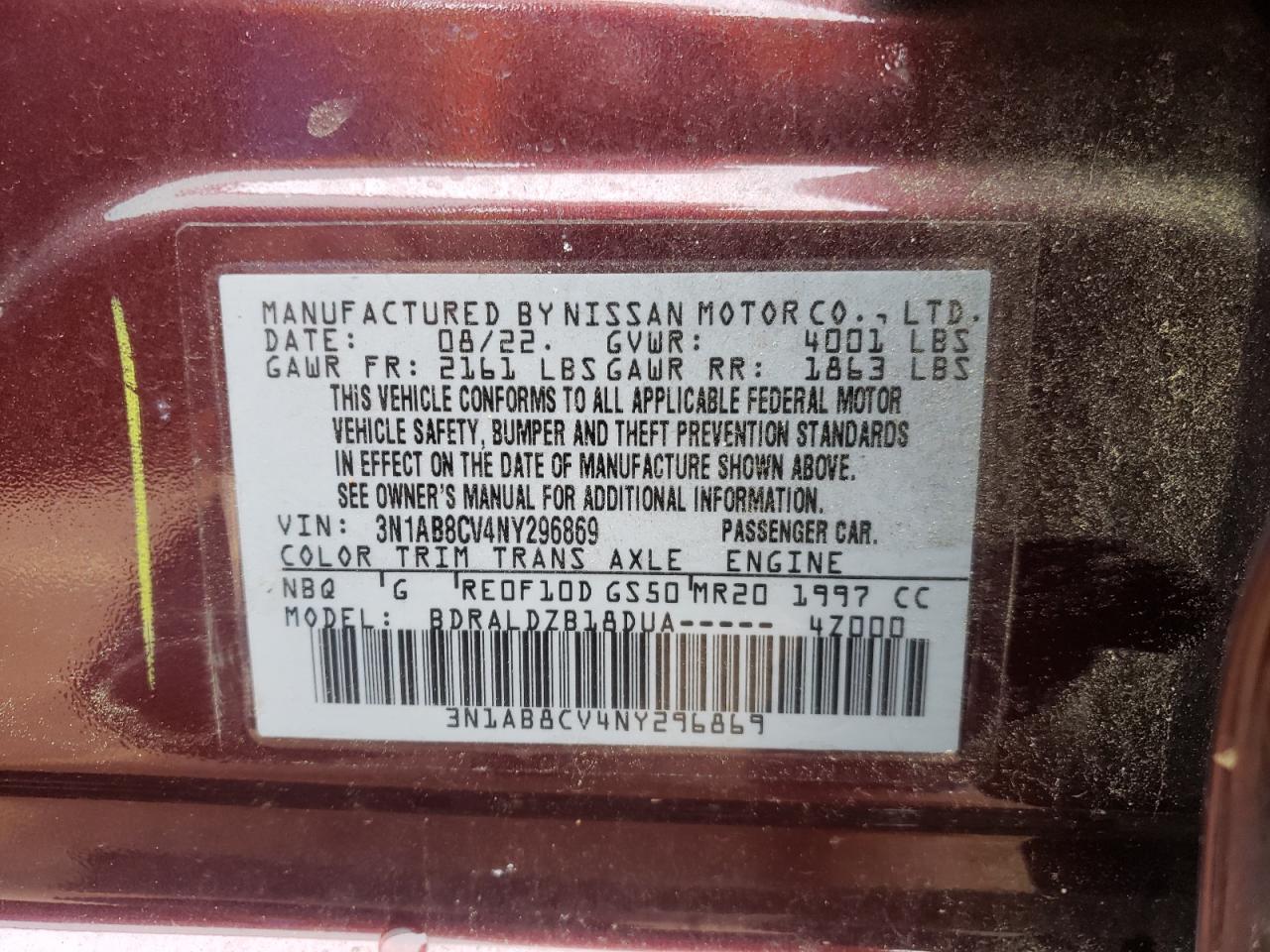 2022 NISSAN SENTRA SV VIN:WP0AA2A8XNS255297