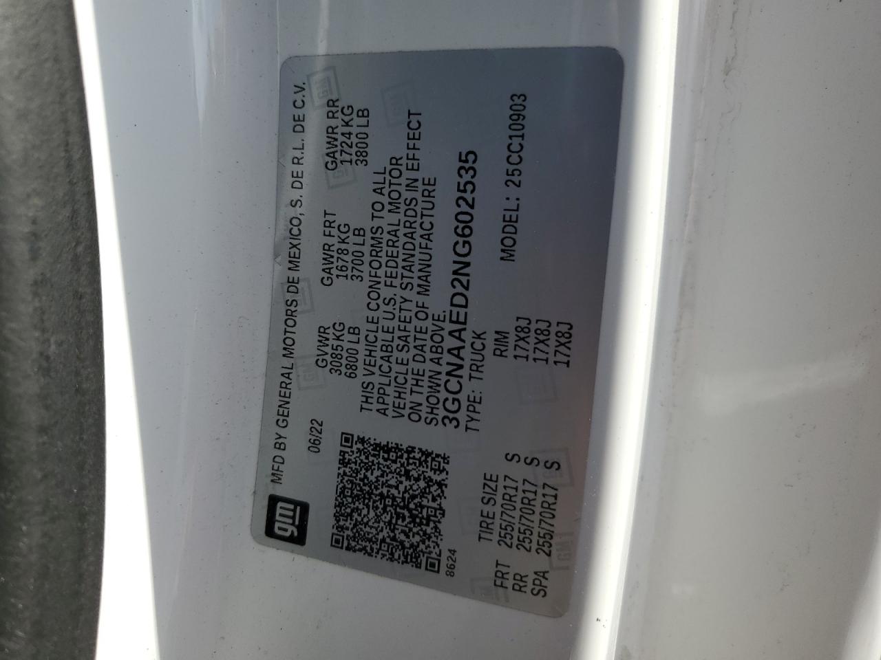 2022 CHEVROLET SILVERADO C1500 VIN:3GCNAAED2NG602535