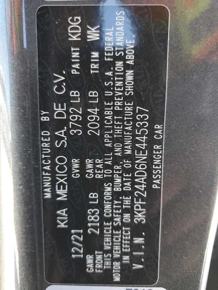2022 KIA FORTE FE VIN:3KPF24AD6NE445337