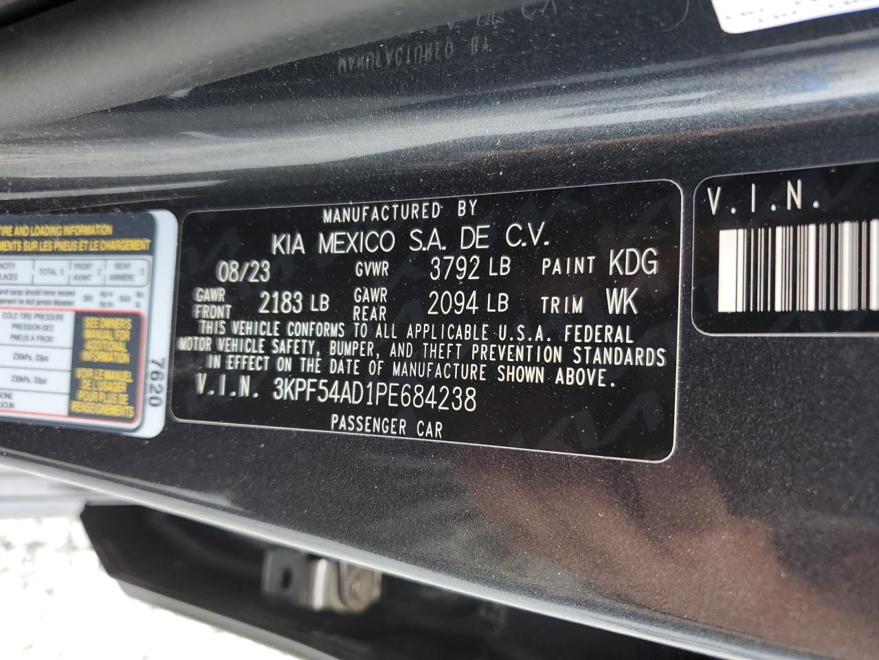 2023 KIA FORTE GT LINE VIN:3KPF54AD1PE684238