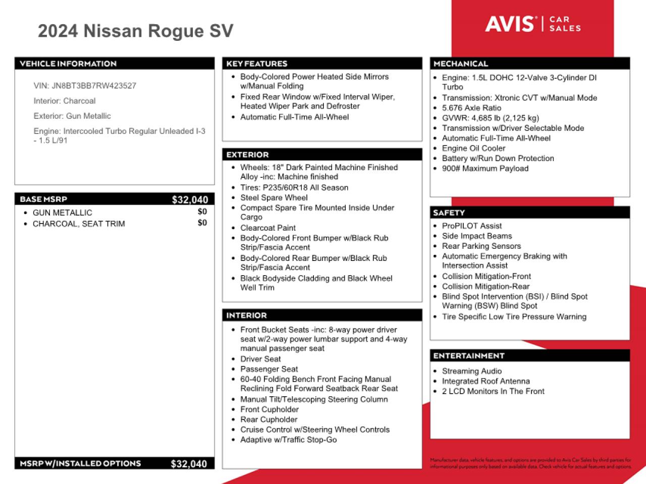 2024 NISSAN ROGUE SV VIN:JN8BT3BB7RW423527