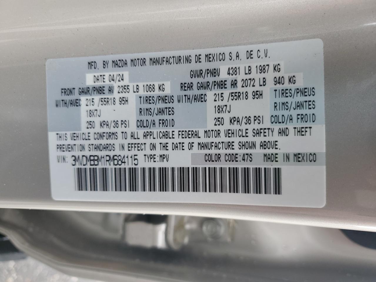 2024 MAZDA CX-30 SELECT VIN:3MVDMBBM1RM684115