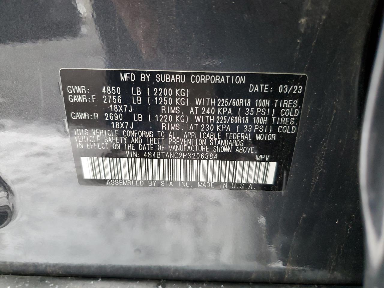 2023 SUBARU OUTBACK LIMITED VIN:4S4BTANC2P3206384