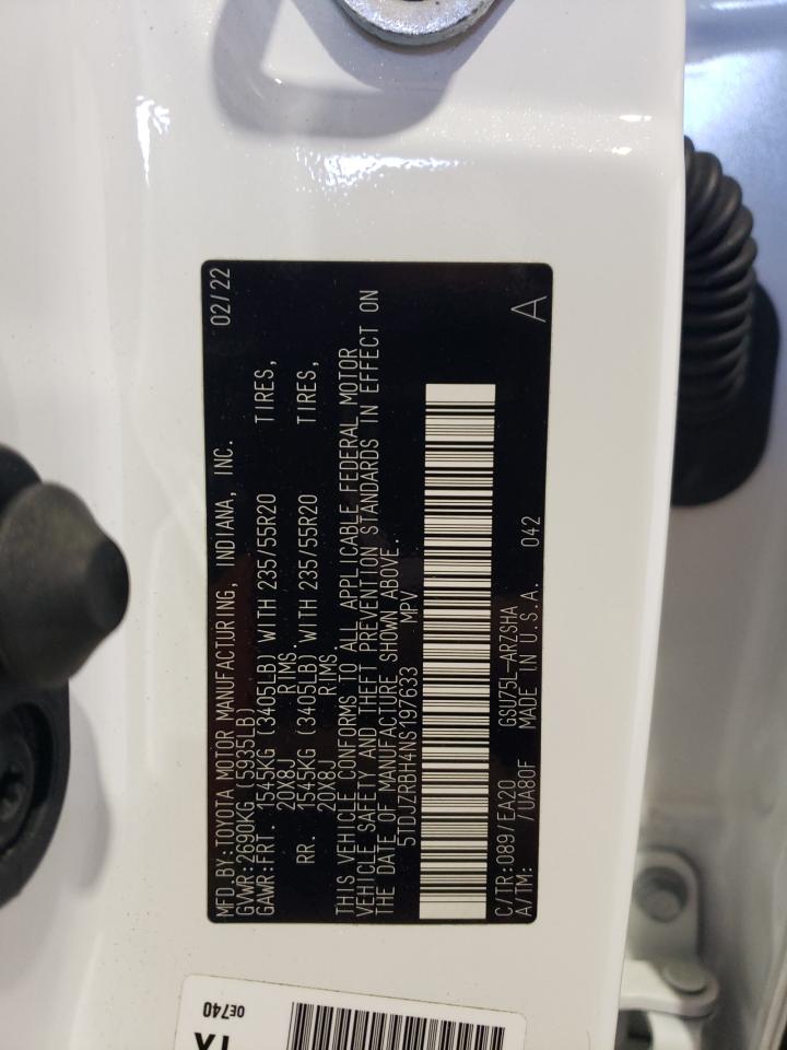 2022 TOYOTA HIGHLANDER XSE VIN:5TDJZRBH4NS197633