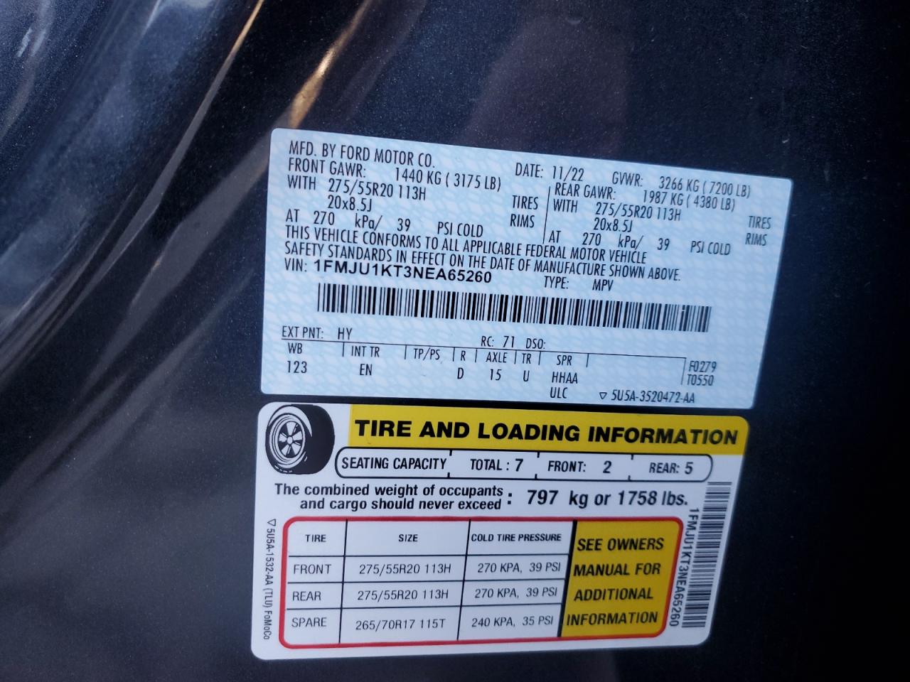 2022 FORD EXPEDITION LIMITED VIN:1FMJU1KT3NEA65260