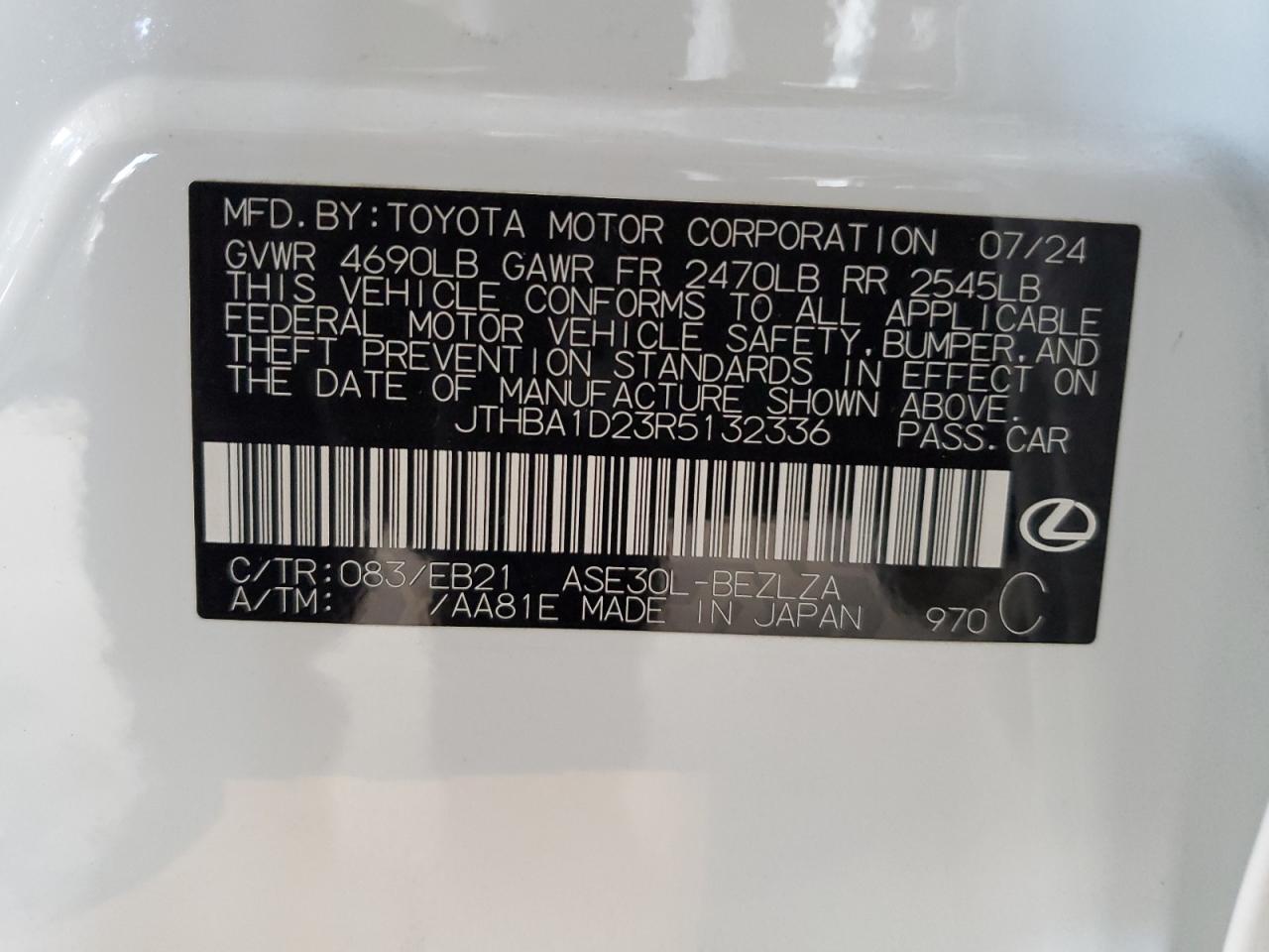 2024 LEXUS IS 300 VIN:JTHBA1D23R5132336