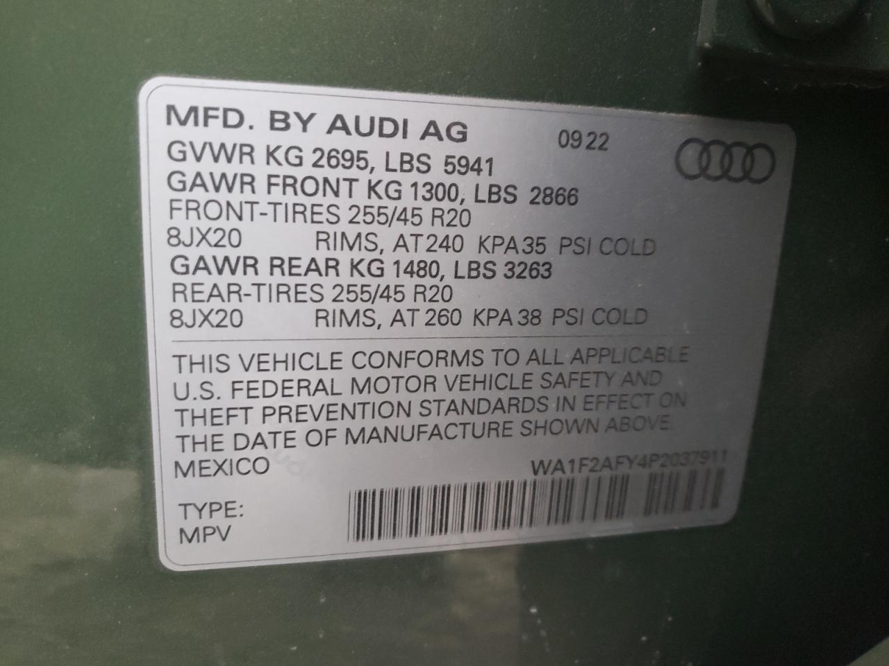 2023 AUDI Q5 E PRESTIGE 55 VIN:WA1F2AFY4P2037911