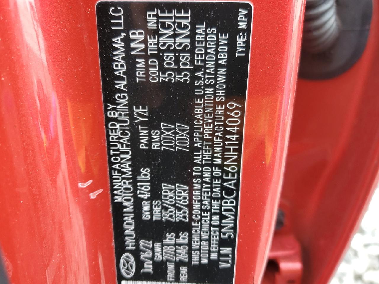 2022 HYUNDAI TUCSON SEL VIN:5NMJBCAE6NH144069