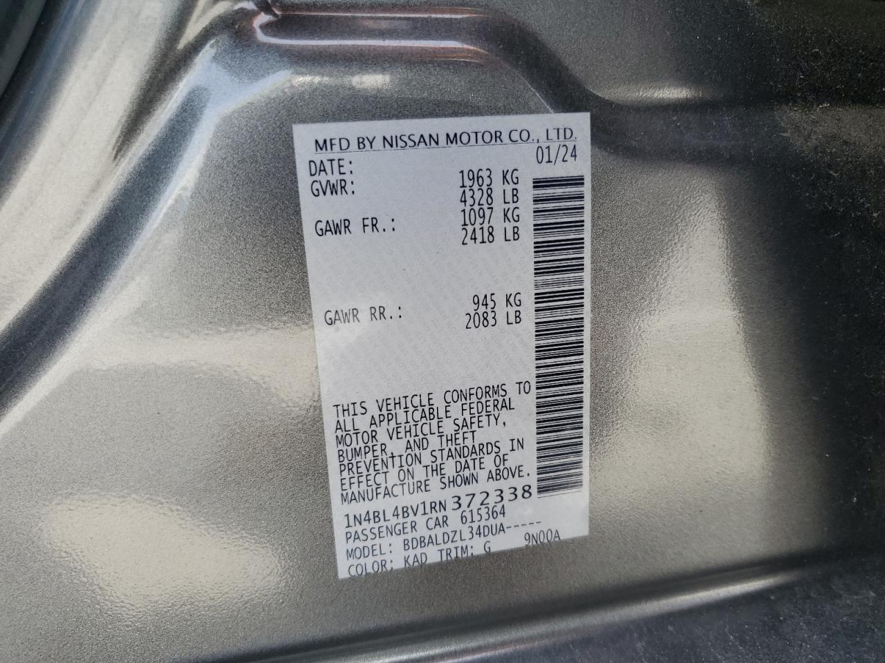 2024 NISSAN ALTIMA S VIN:1N4BL4BV1RN372338