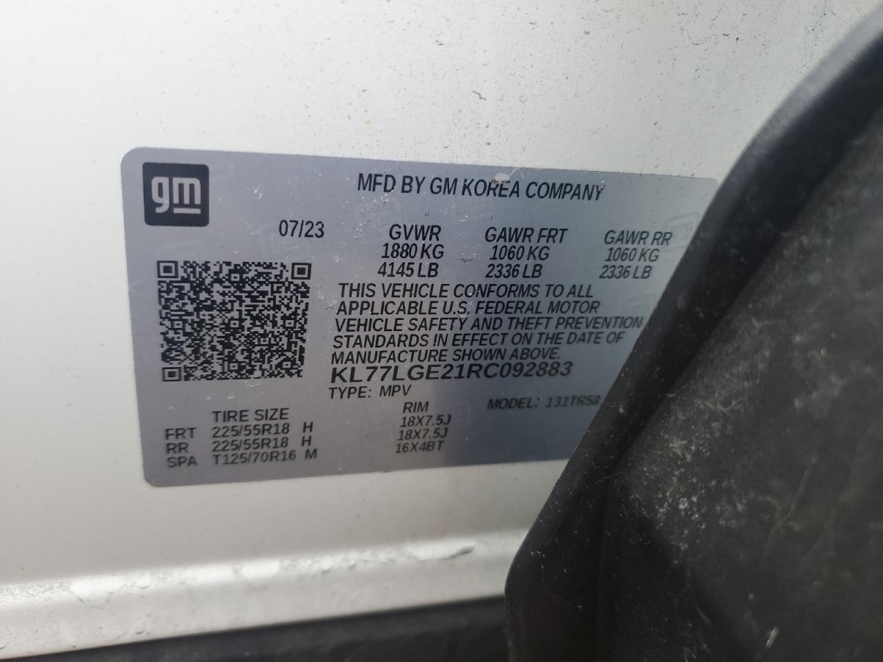 2024 CHEVROLET TRAX 1RS VIN:KL77LGE21RC092883