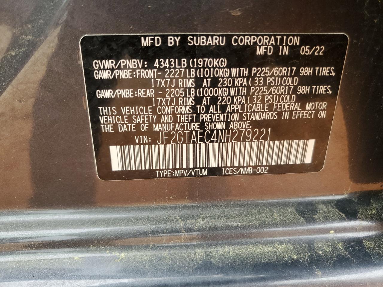 2022 SUBARU CROSSTREK PREMIUM VIN:JF2GTAEC4NH279221