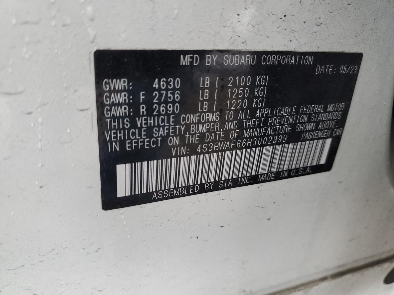 2024 SUBARU LEGACY PREMIUM VIN:4S3BWAF66R3002999