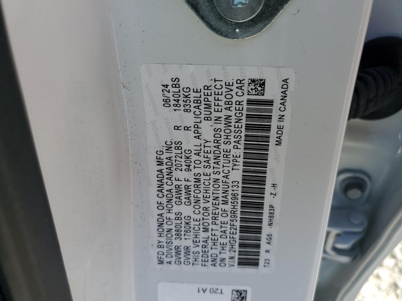 2024 HONDA CIVIC SPORT VIN:2HGFE2F59RH596133