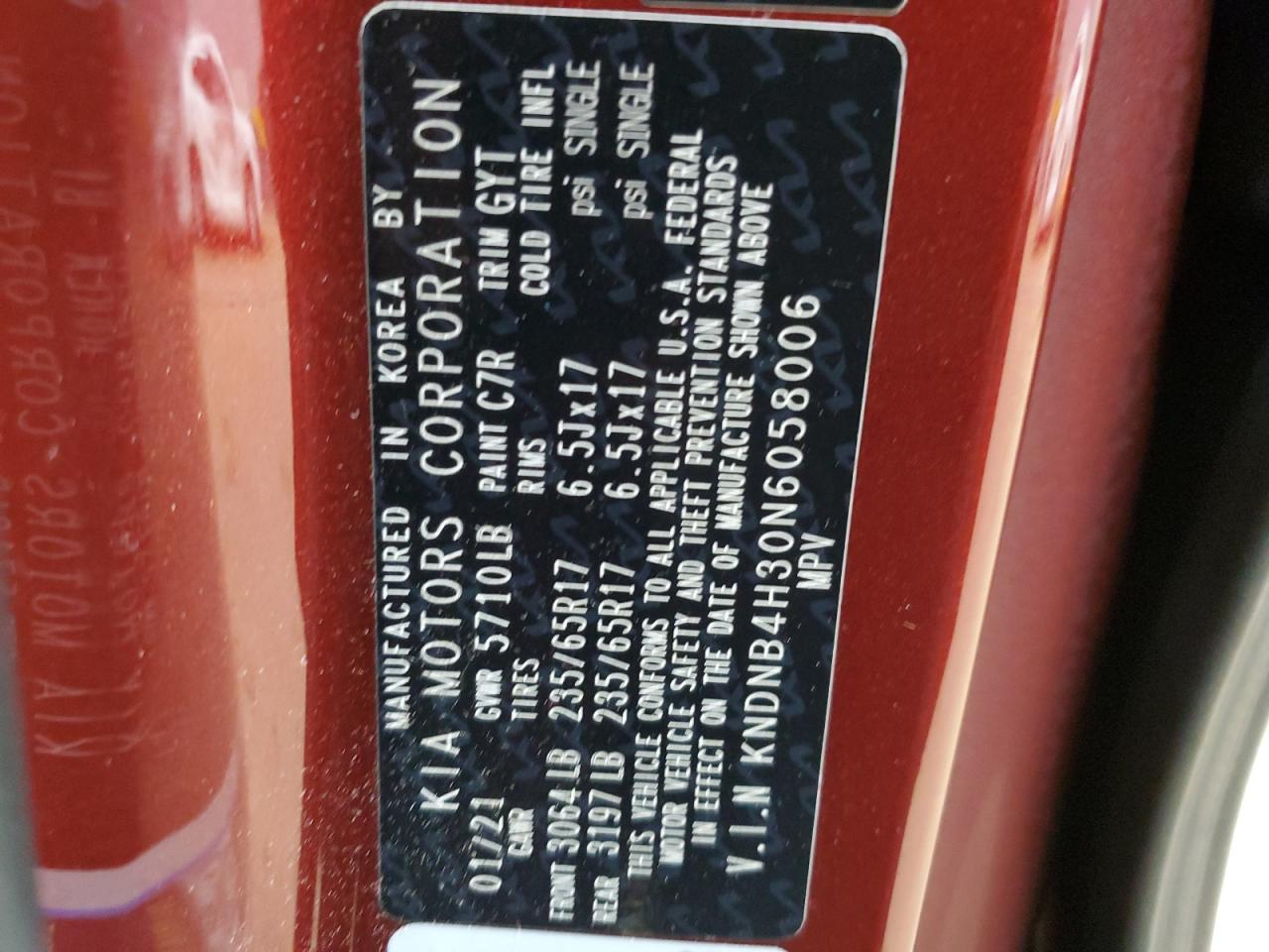 2022 KIA CARNIVAL LX VIN:KNDNB4H30N6058006