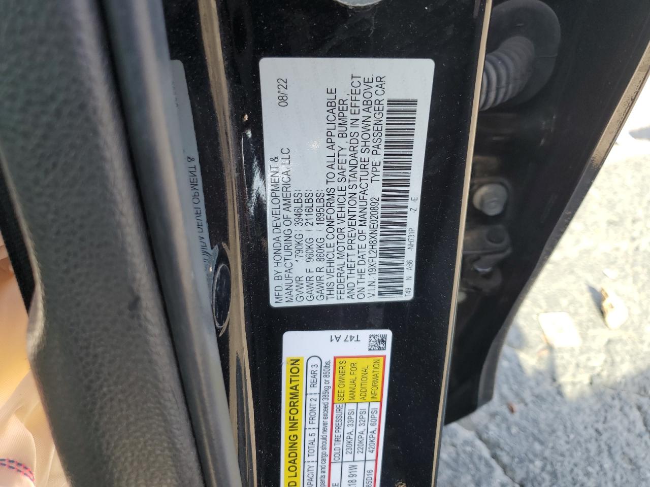 2022 HONDA CIVIC SPORT VIN:19XFL2H8XNE020892