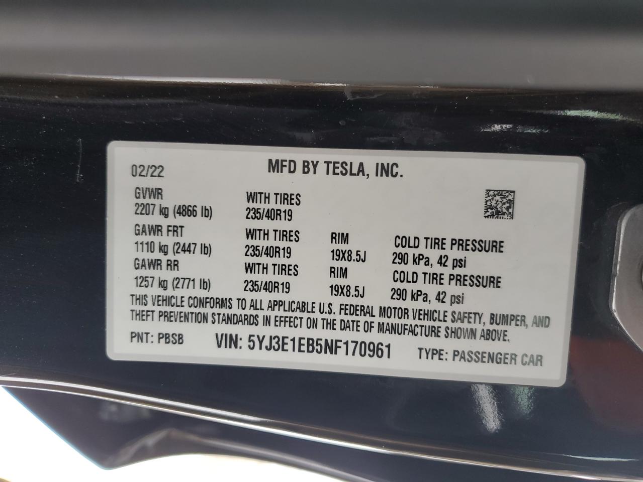 2022 TESLA MODEL 3  VIN:5YJ3E1EB5NF170961