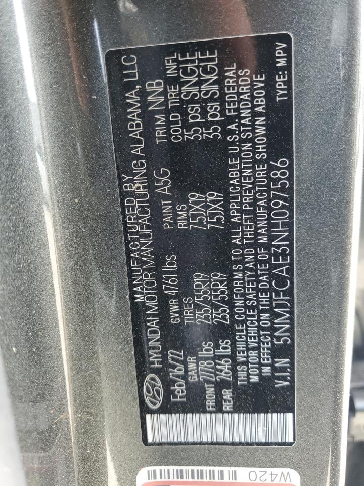 2022 HYUNDAI TUCSON SEL VIN:5NMJFCAE3NH097586