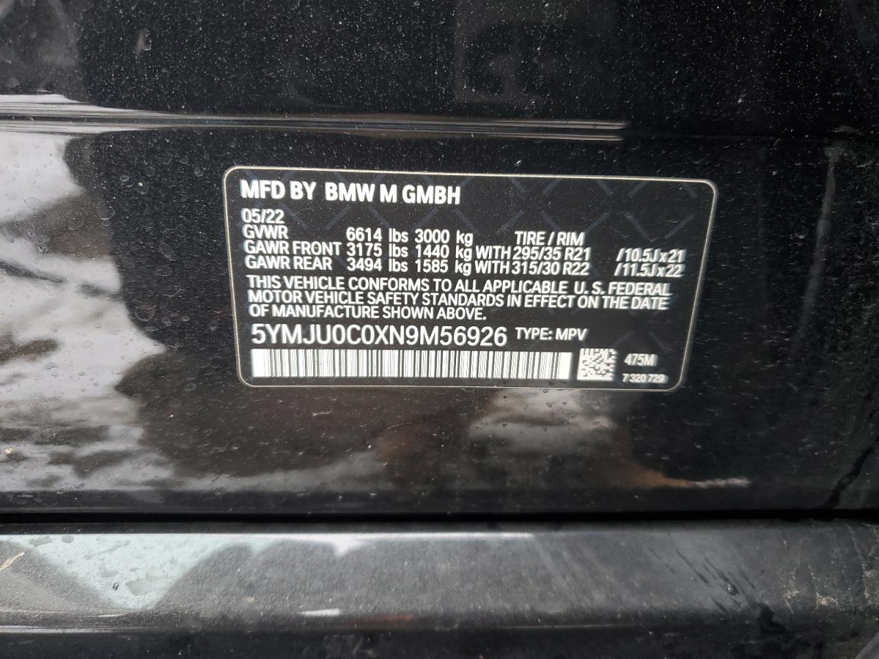 2022 BMW X5 M VIN:5YMJU0C0XN9M56926