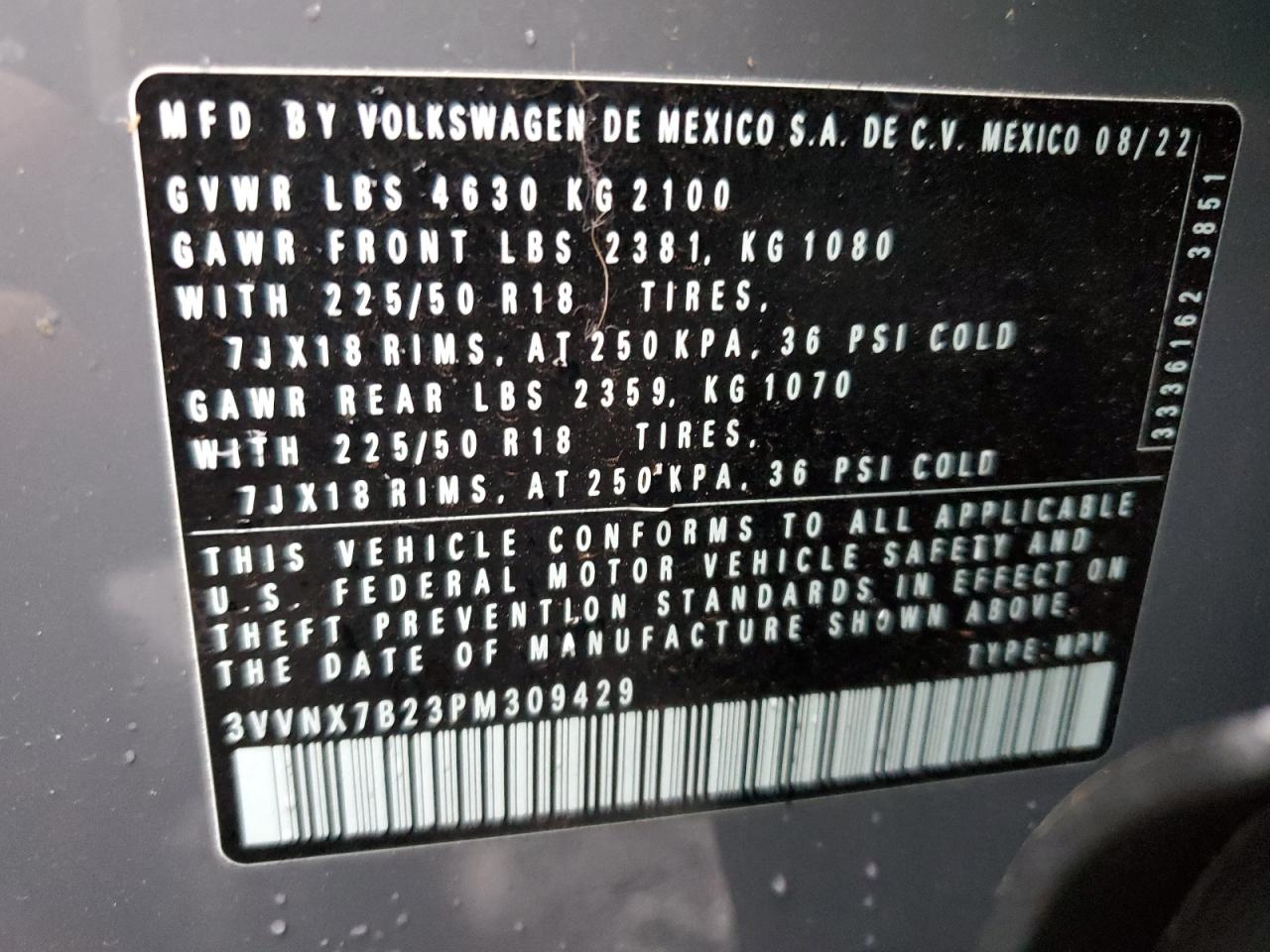 2023 VOLKSWAGEN TAOS SE VIN:3VVNX7B23PM309429