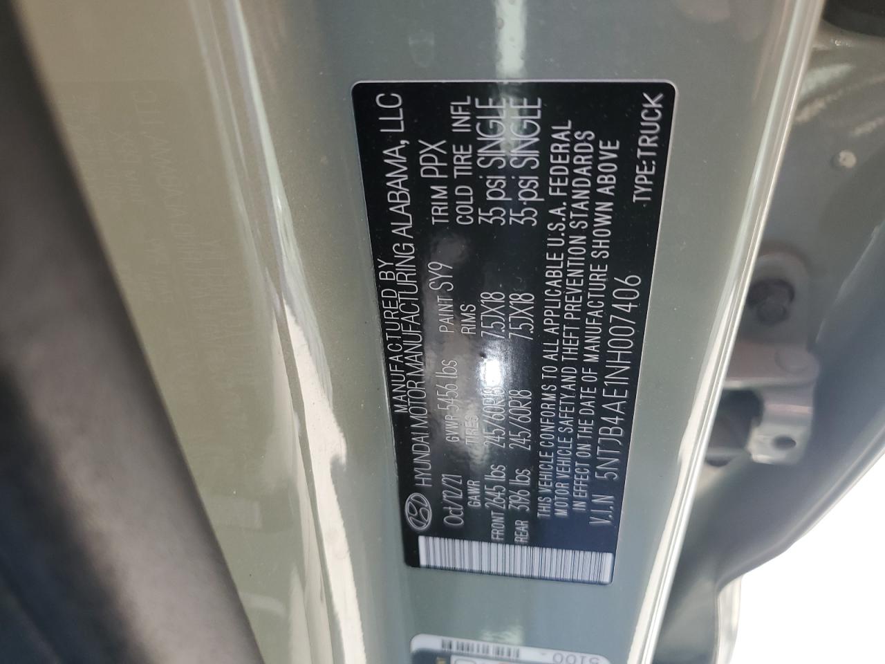 2022 HYUNDAI SANTA CRUZ SEL VIN:5NTJB4AE1NH007406
