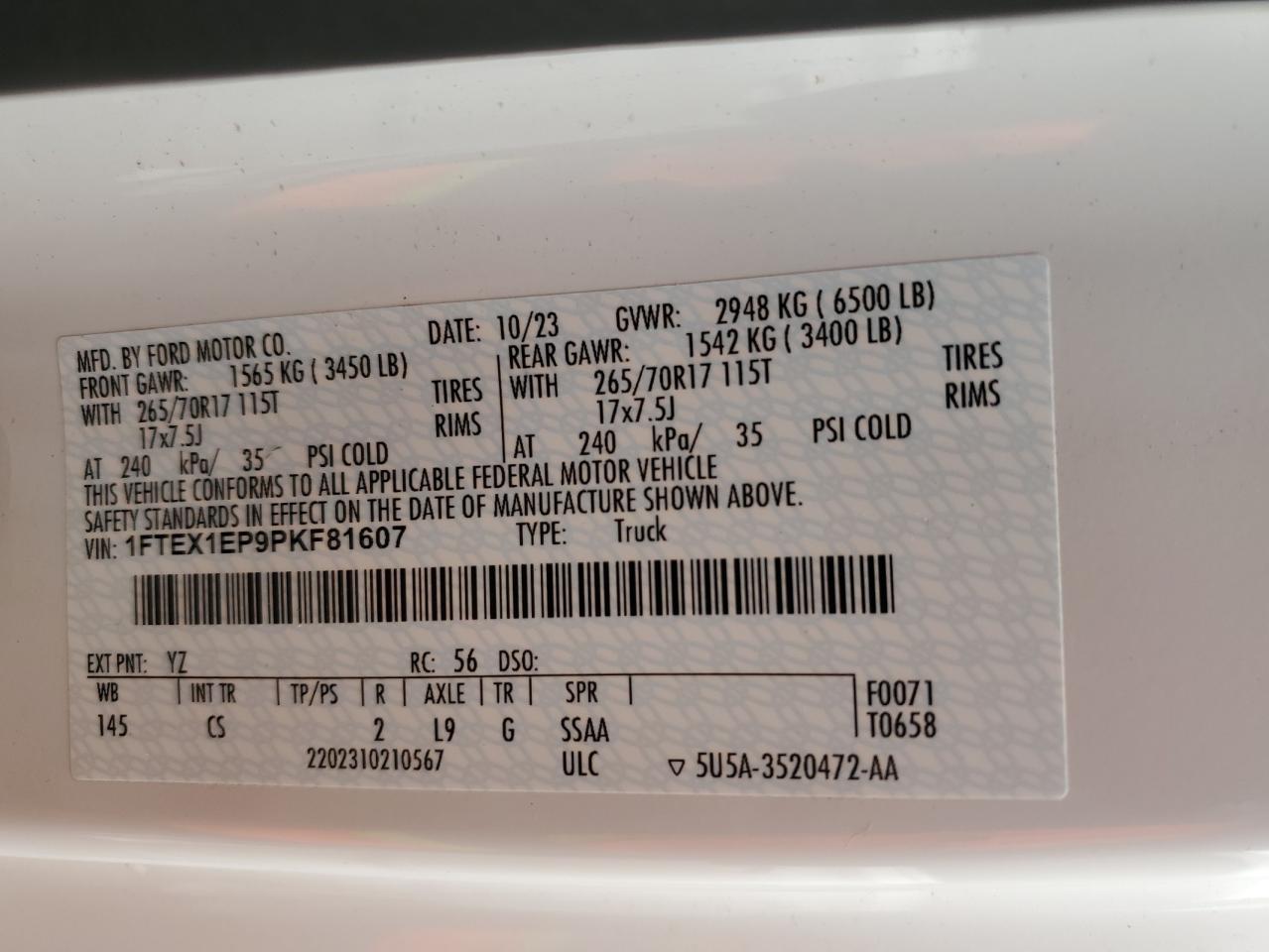 2023 FORD F150 SUPER CAB VIN:1FTEX1EP9PKF81607