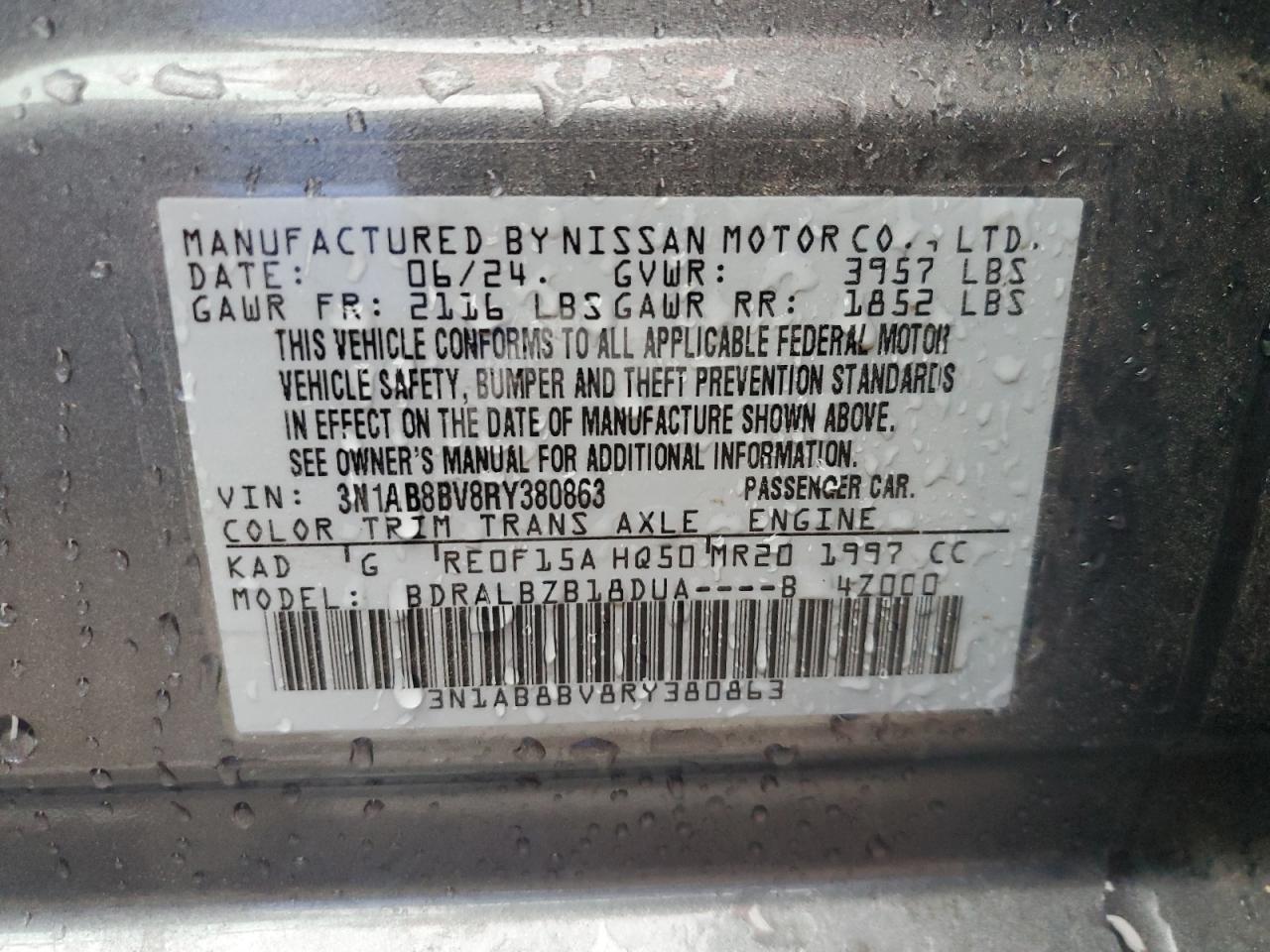2024 NISSAN SENTRA S VIN:3N1AB8BV8RY380863