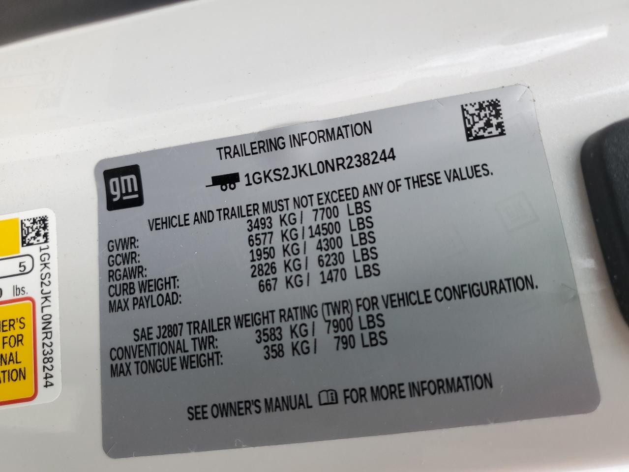 2022 GMC YUKON XL DENALI VIN:1GKS2JKL0NR238244