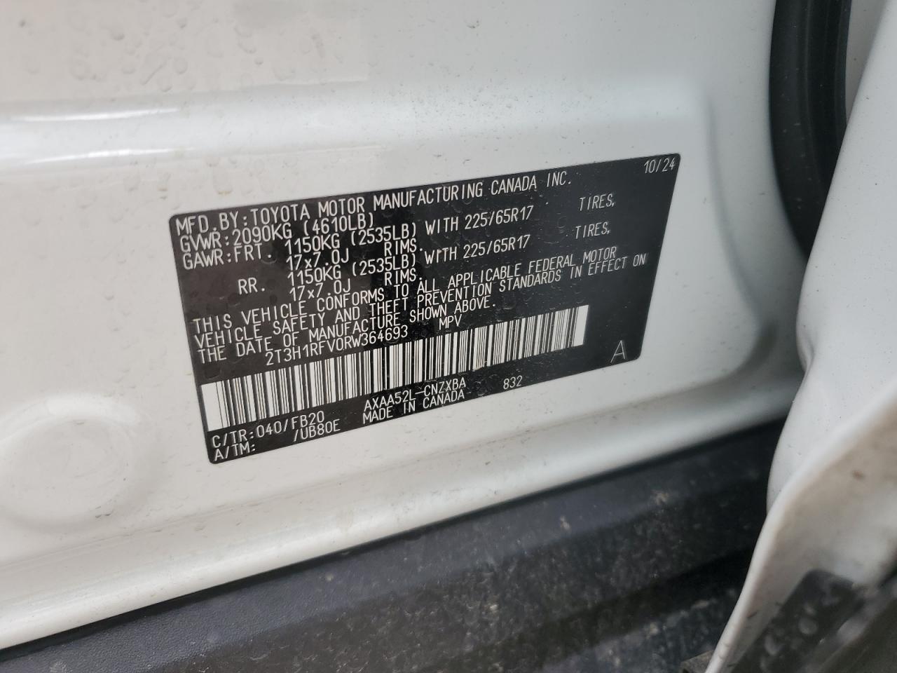 2024 TOYOTA RAV4 LE VIN:2T3H1RFV0RW364693