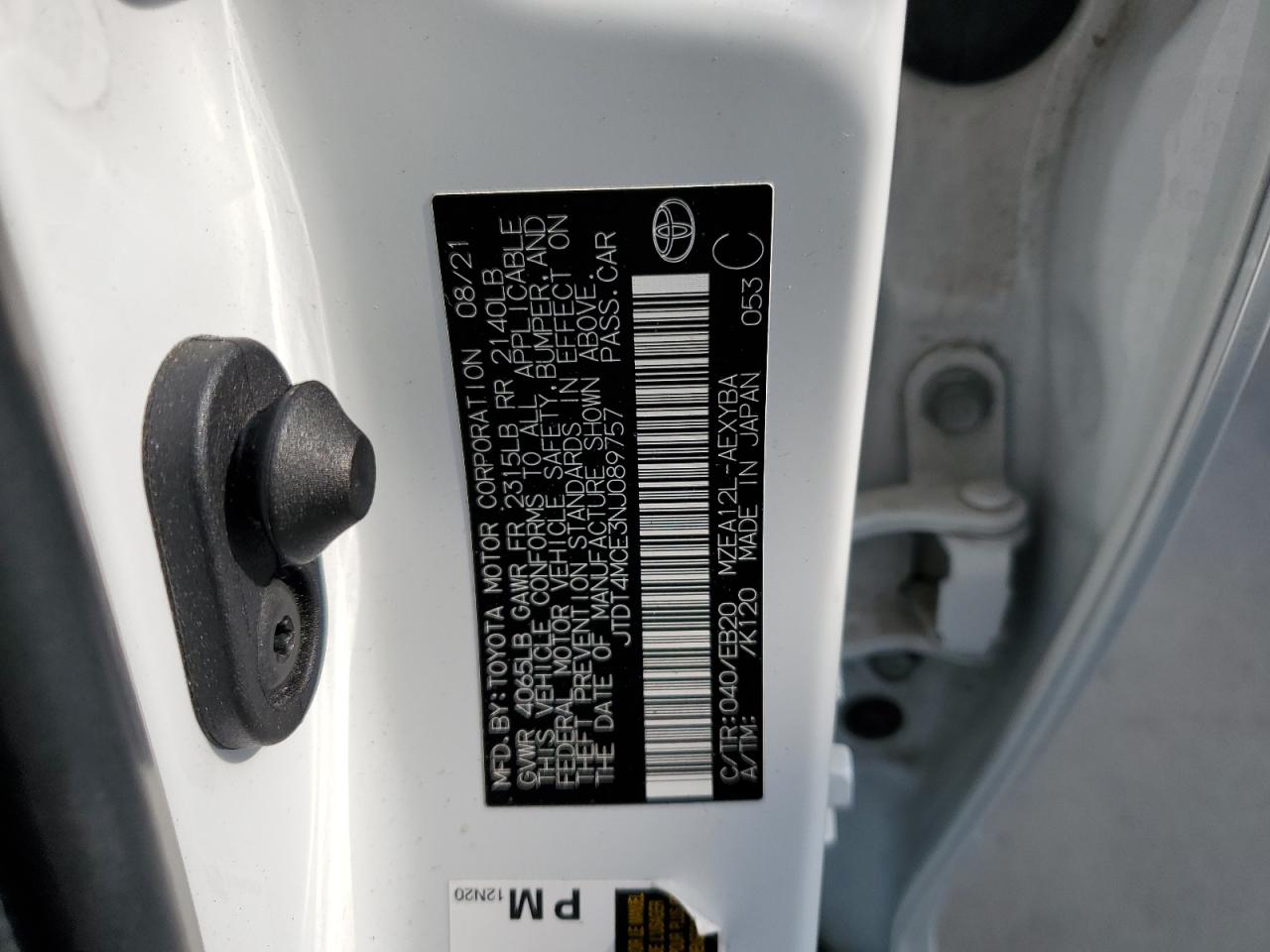 2022 TOYOTA COROLLA XSE VIN:JTDT4MCE3NJ089757